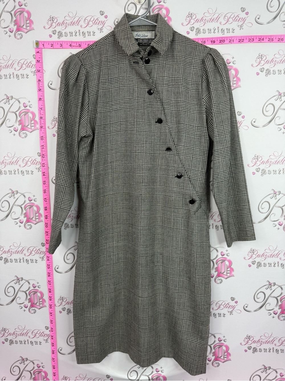 EDIE JOHNE virgin wool Plaid Long-Sleeve Shift Dress cream black houndstooth